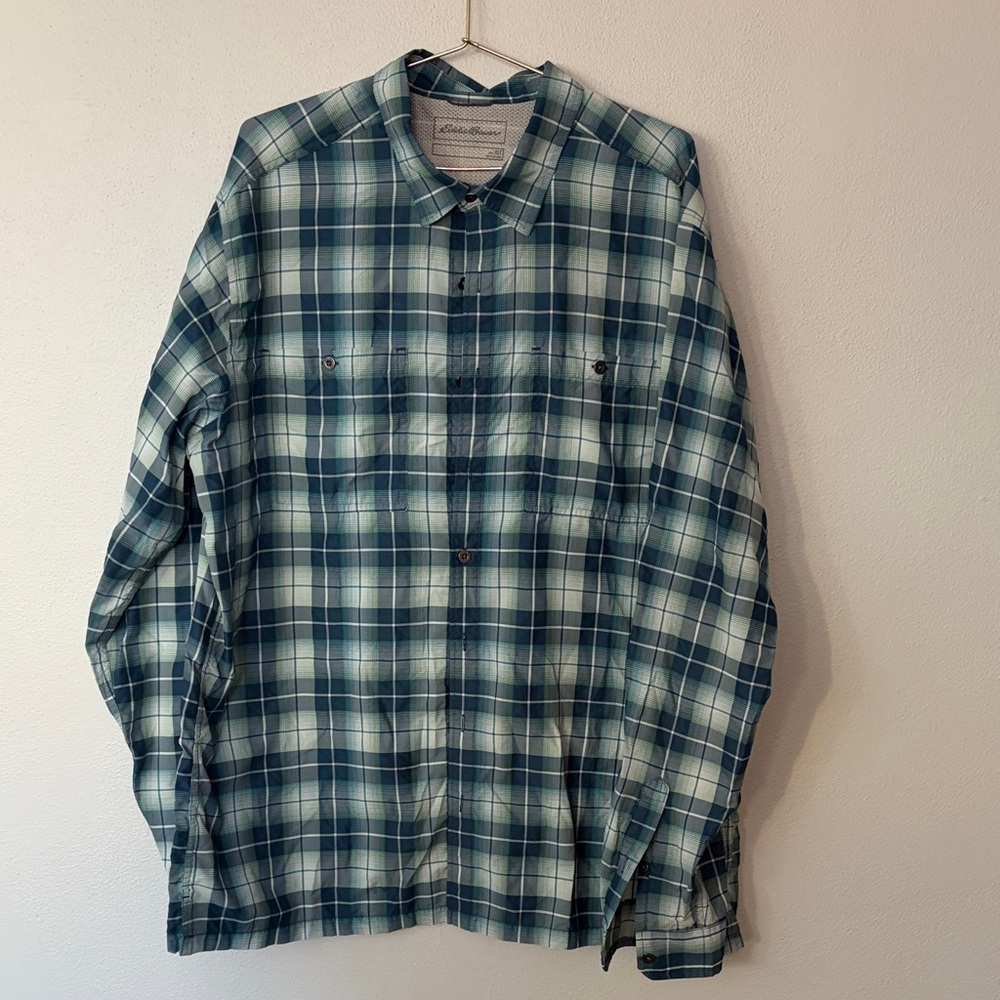 Eddie Bauer Teal and White Plaid Shirt